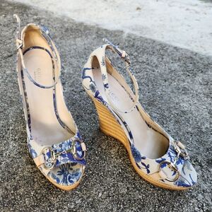 Gucci Blue and Cream Floral Wedge Heels